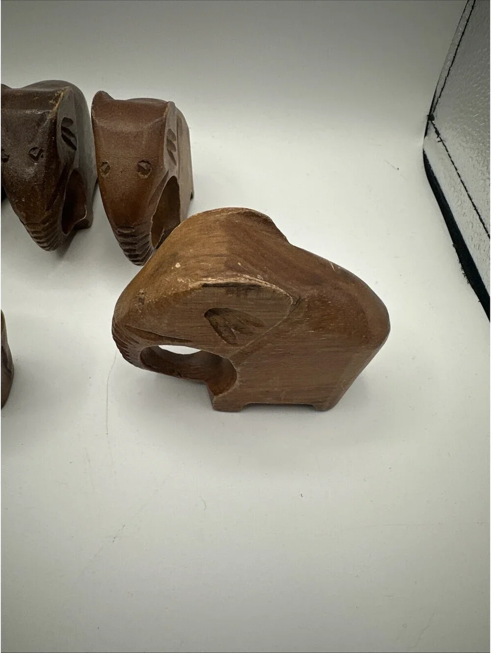 VTG Set of 9 Carved Wooden Elephant Napkin Rings Made in Philippines